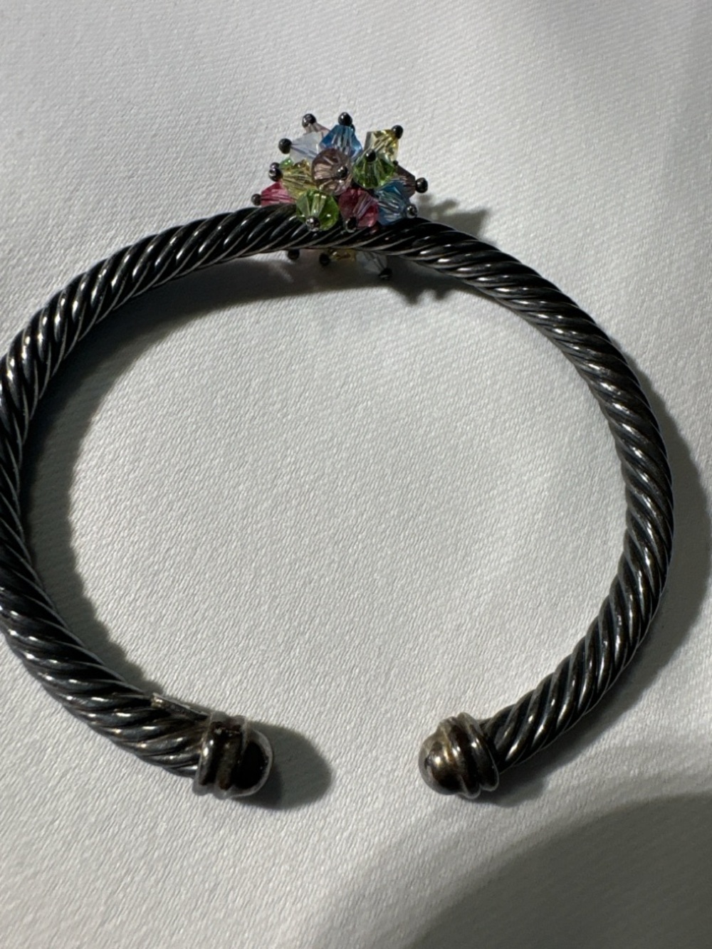 Sterling Silver Cable Cuff Bracelet 925 Twisted Design Crystal Cluster